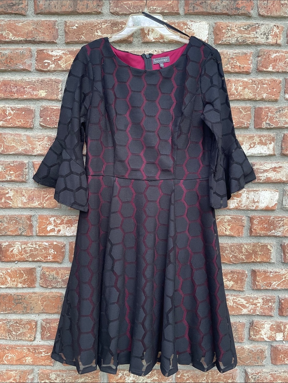 Luxology Black and Burgundy Hexagon Fit-and-Flare Dress